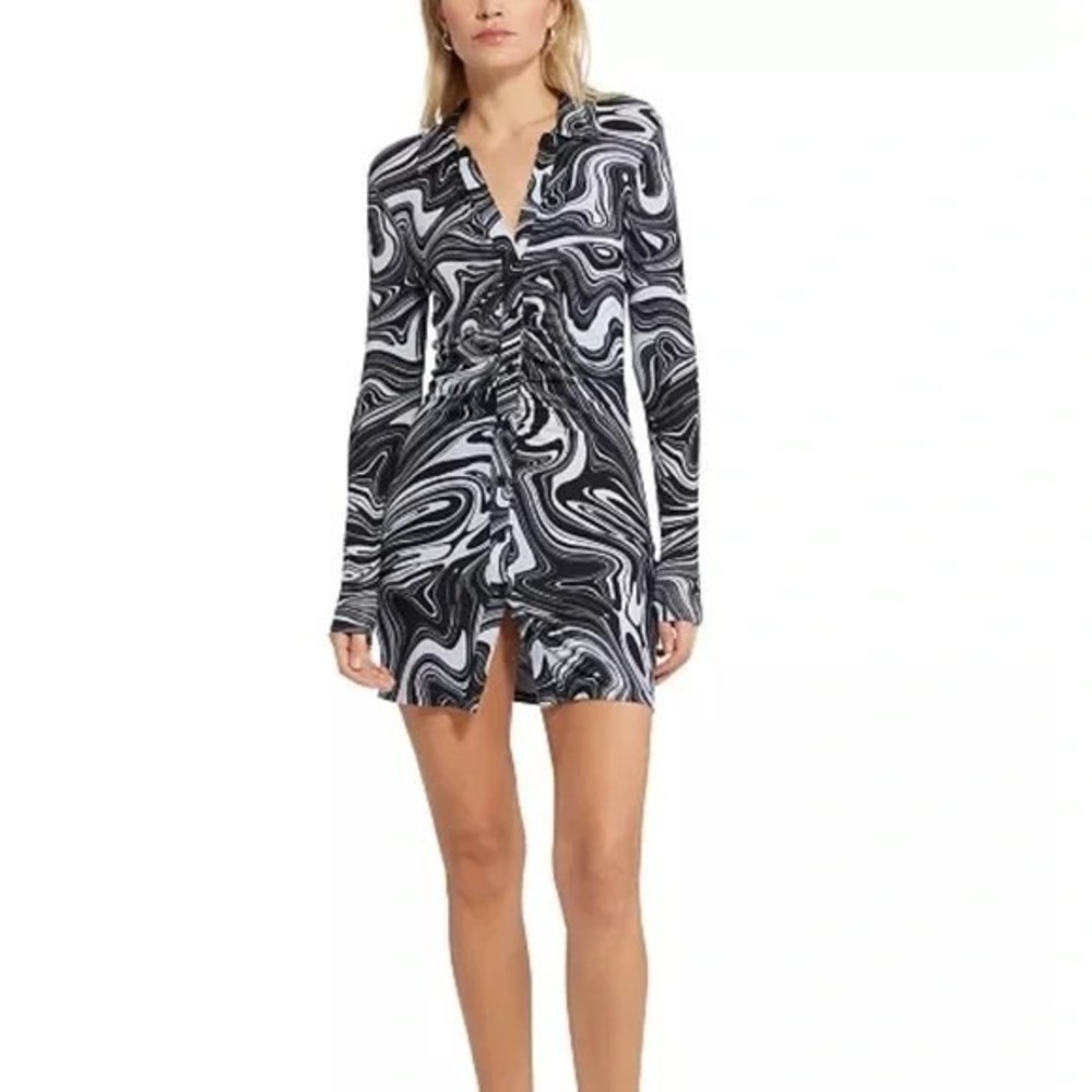 Sanctuary Daydream Fitted Mini Dress M Ruched Bodycon Liquid Marble Print Edgy